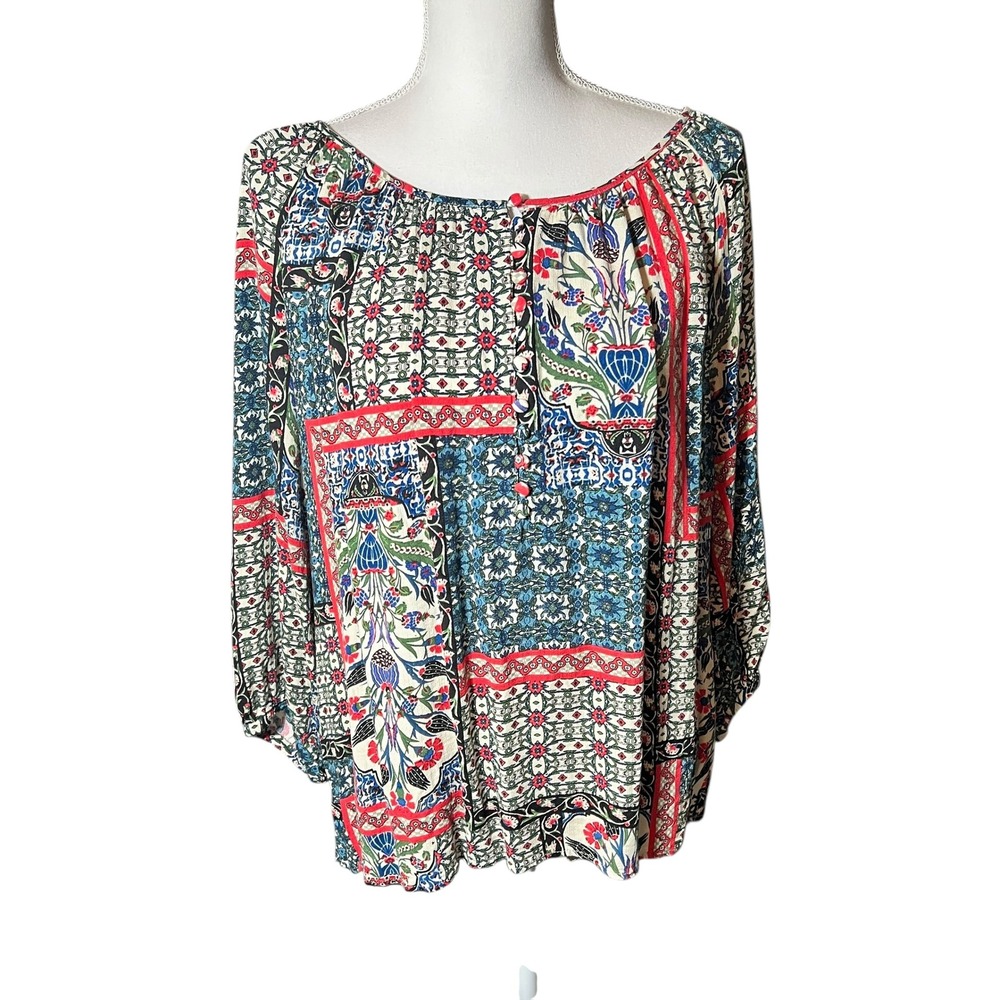 Jones & Co Jones New York Women's 1X Boho Patchwork Floral Print‎ Peasant Blouse
